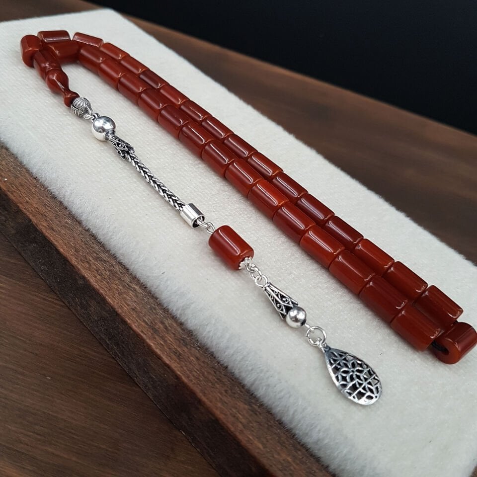 Gümüş Püskül Oval Kesme Sıkma Kehribar Tesbih