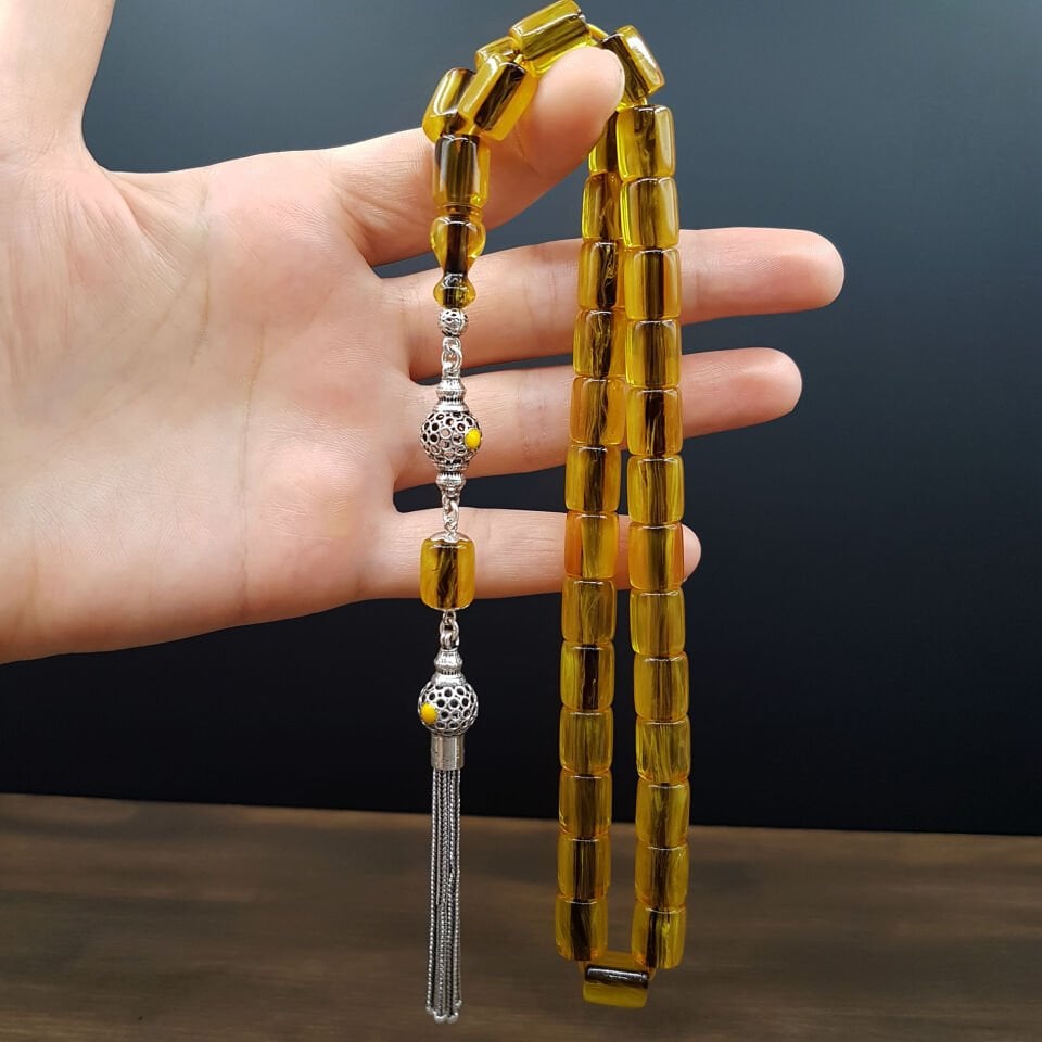 Gümüş Püskül Hareli Oval Kesme Sıkma Kehribar Tesbih