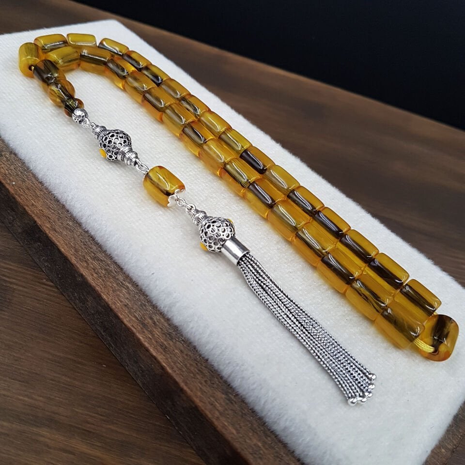 Gümüş Püskül Hareli Oval Kesme Sıkma Kehribar Tesbih