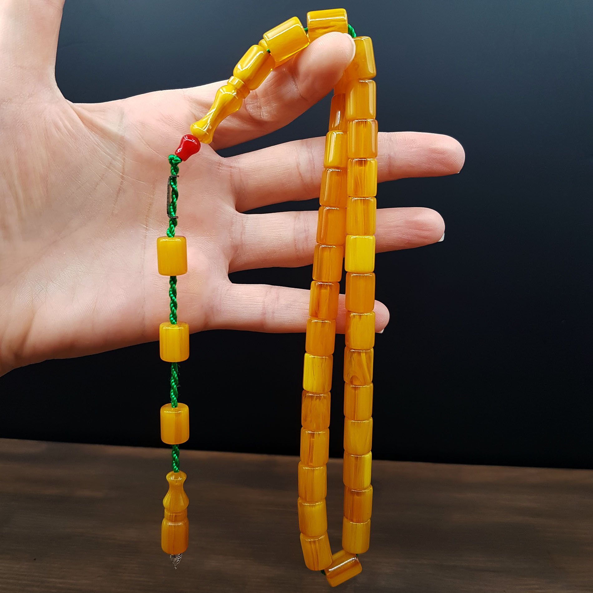 Sarı Oval Kesme Sıkma Kehribar Tesbih