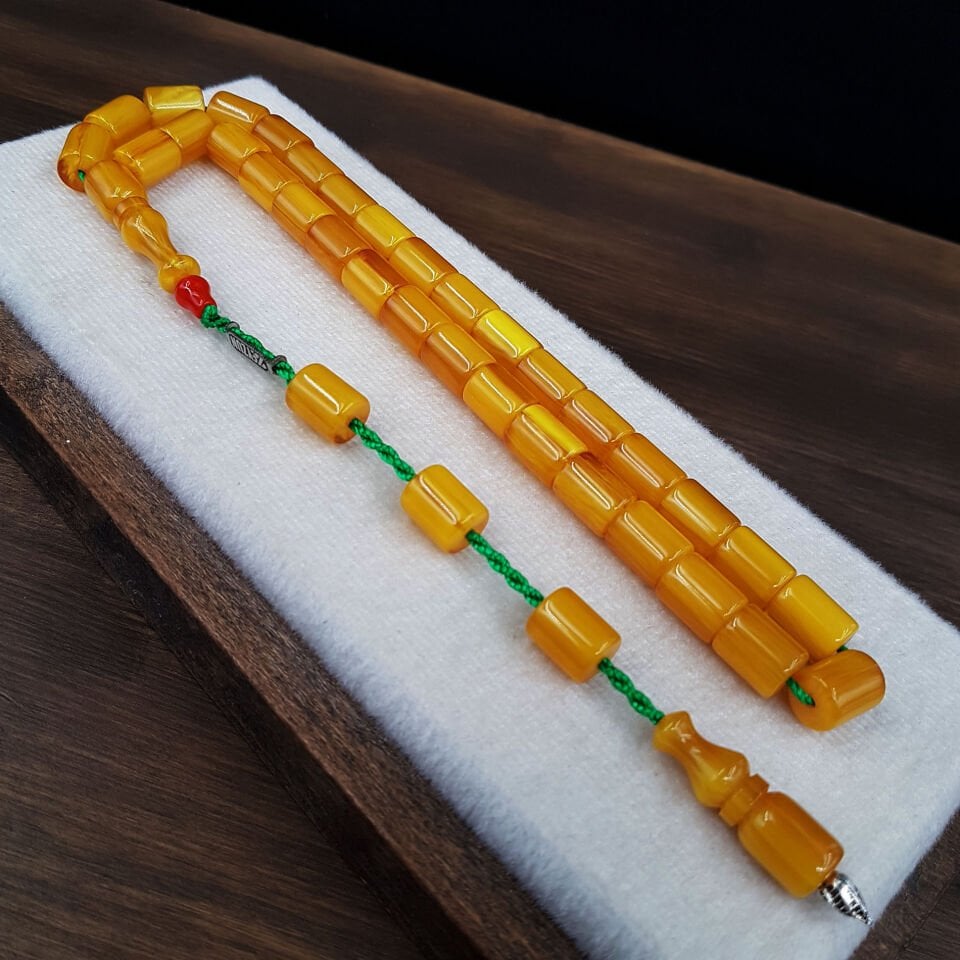 Sarı Oval Kesme Sıkma Kehribar Tesbih