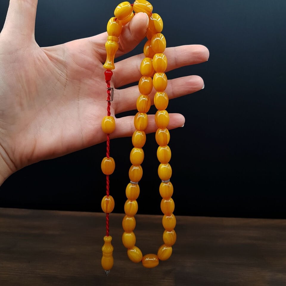 Büyük Boy Sarı Fıçı Kesim Sıkma Kehribar Tesbih