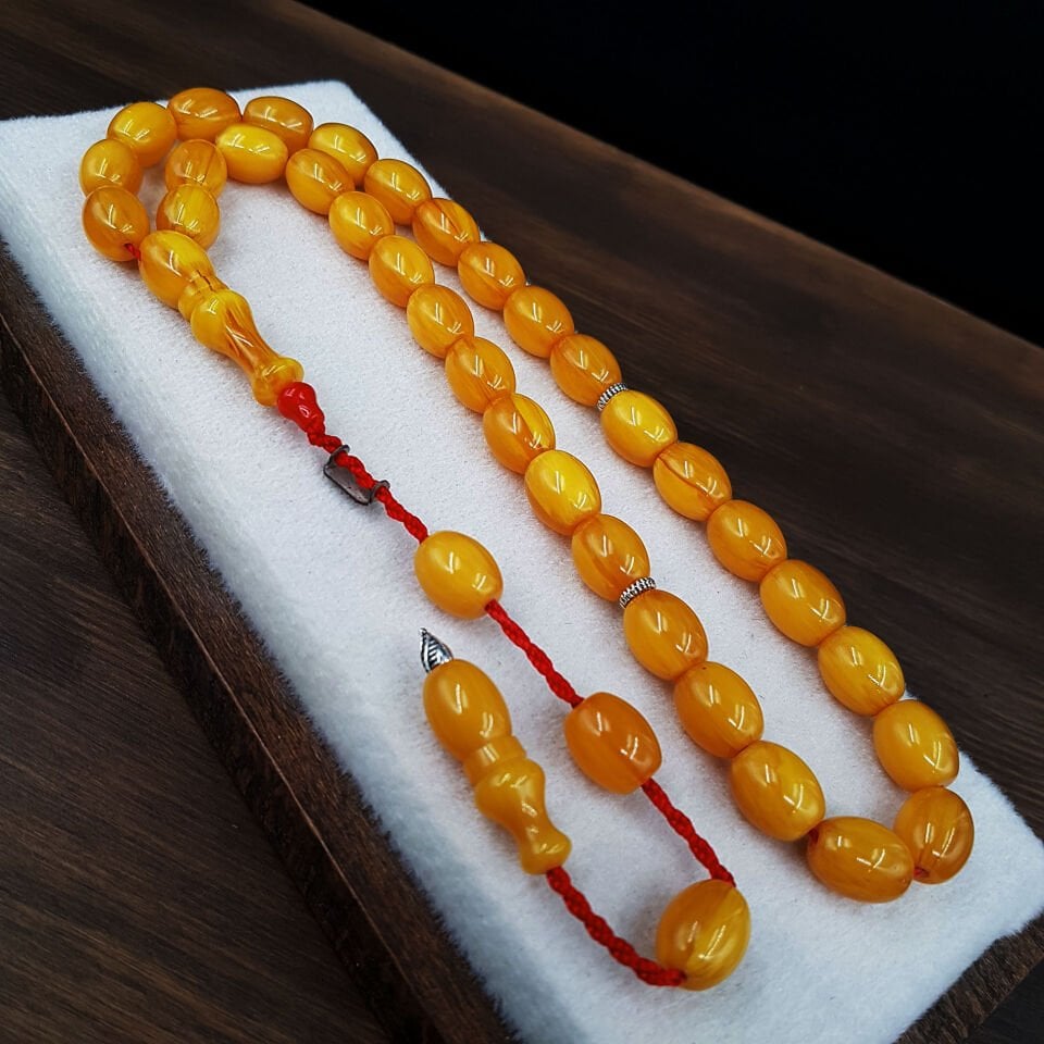 Büyük Boy Sarı Fıçı Kesim Sıkma Kehribar Tesbih