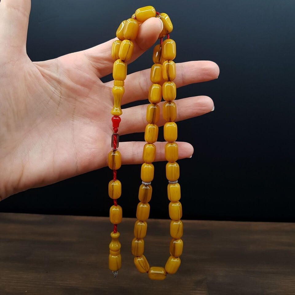 Sarı Kapsül Kesim Hareli Sıkma Kehribar Tesbih