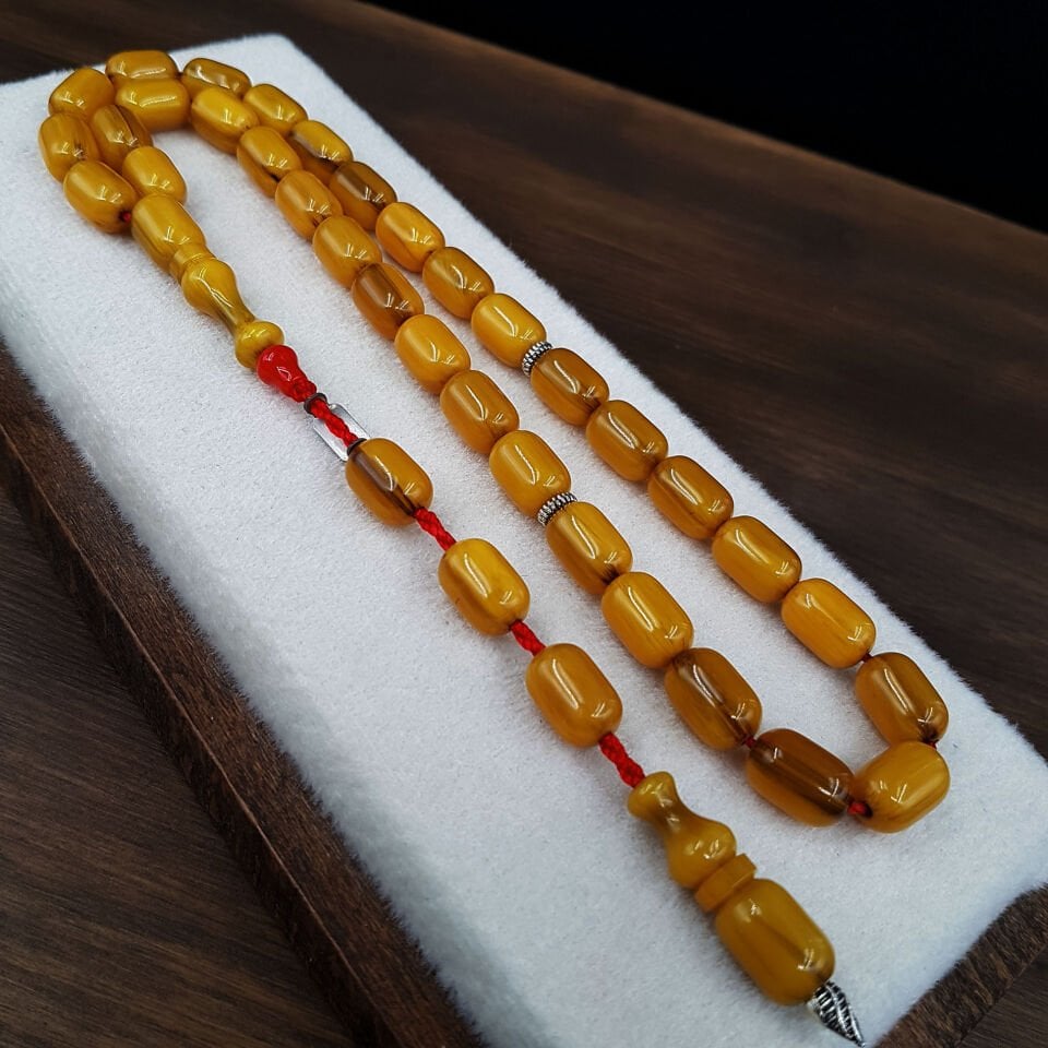 Sarı Kapsül Kesim Hareli Sıkma Kehribar Tesbih