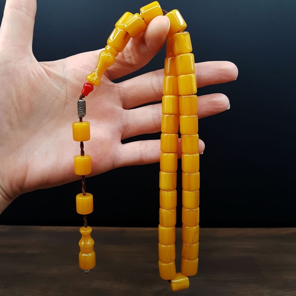 Büyük Boy Tombul Kesme Sıkma Kehribar Tesbih