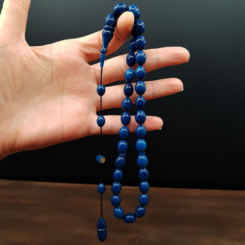 Mavi Beyzi Kesim Sıkma Kehribar Tesbih