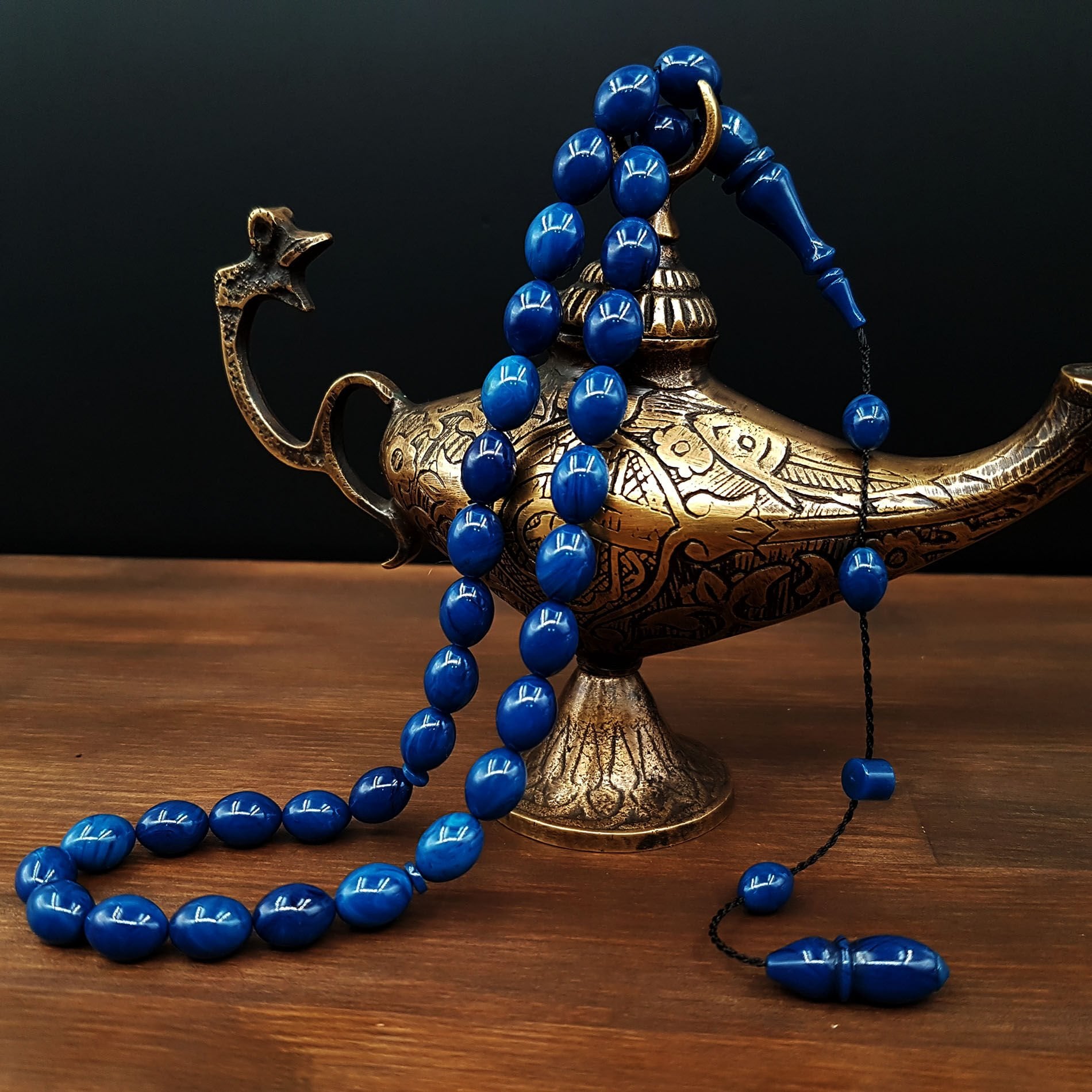 Mavi Beyzi Kesim Sıkma Kehribar Tesbih