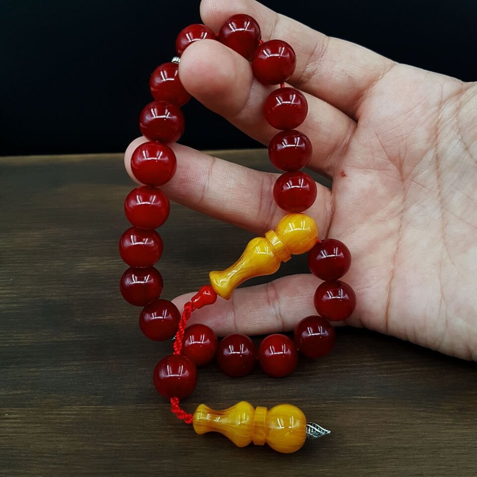 İmame Traşlı Bordo Küre Sıkma Kehribar Tesbih