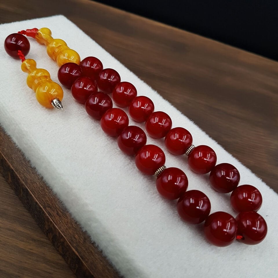 İmame Traşlı Bordo Küre Sıkma Kehribar Tesbih