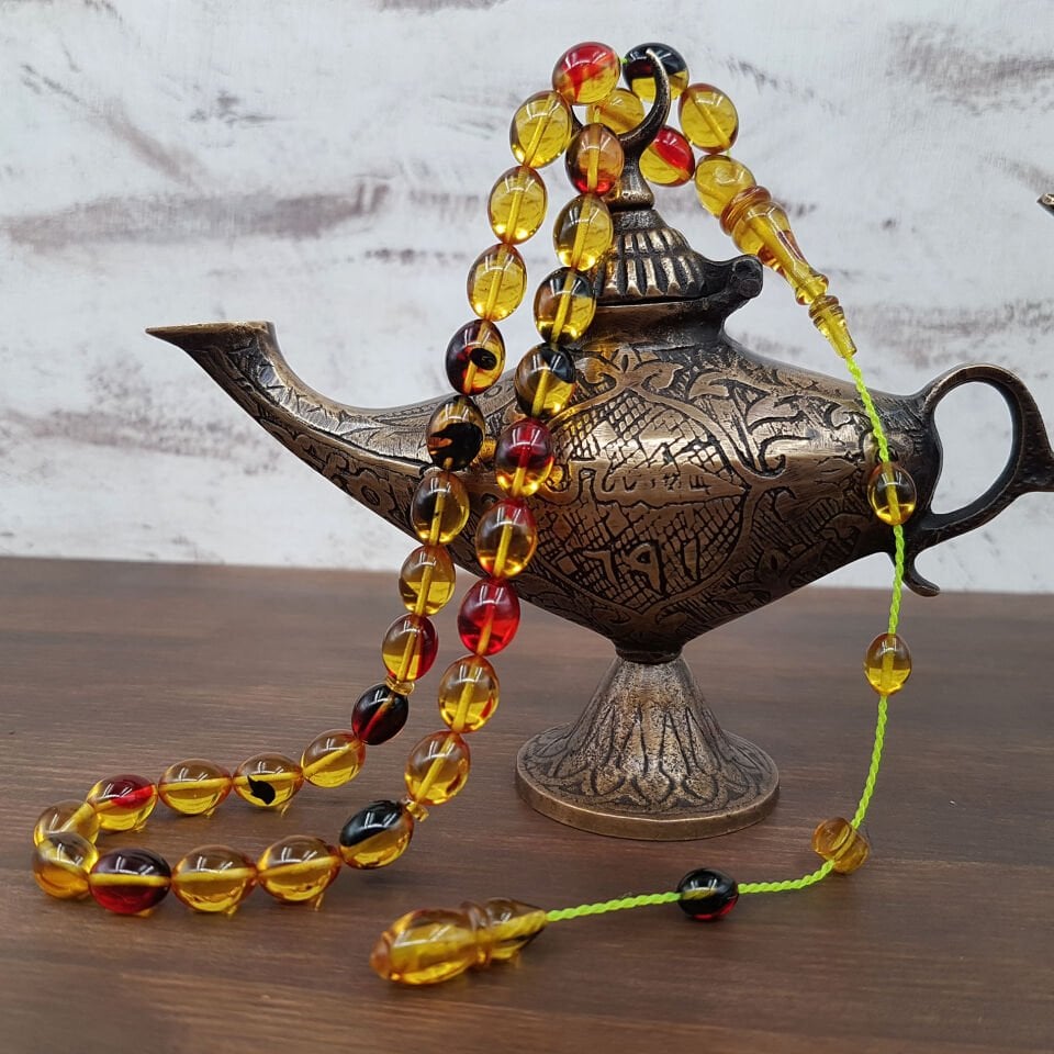 Sarı Renkli Beyzi Ateş Kehribar Tesbih