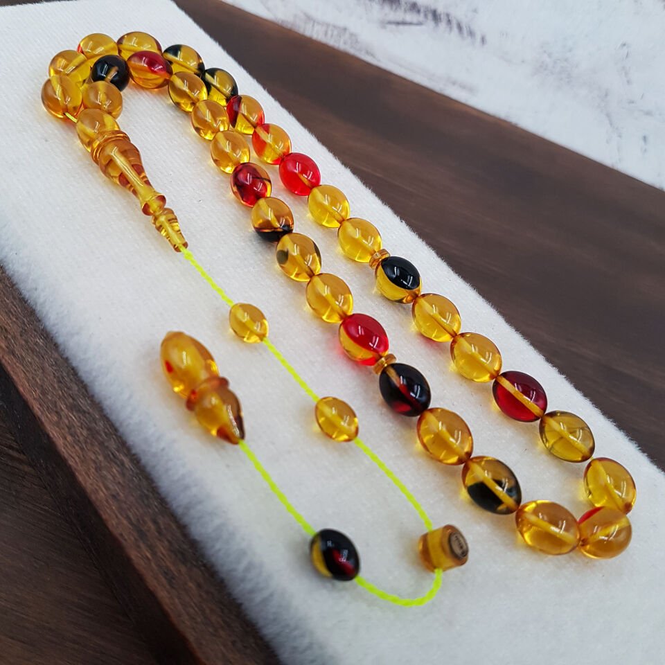 Sarı Renkli Beyzi Ateş Kehribar Tesbih