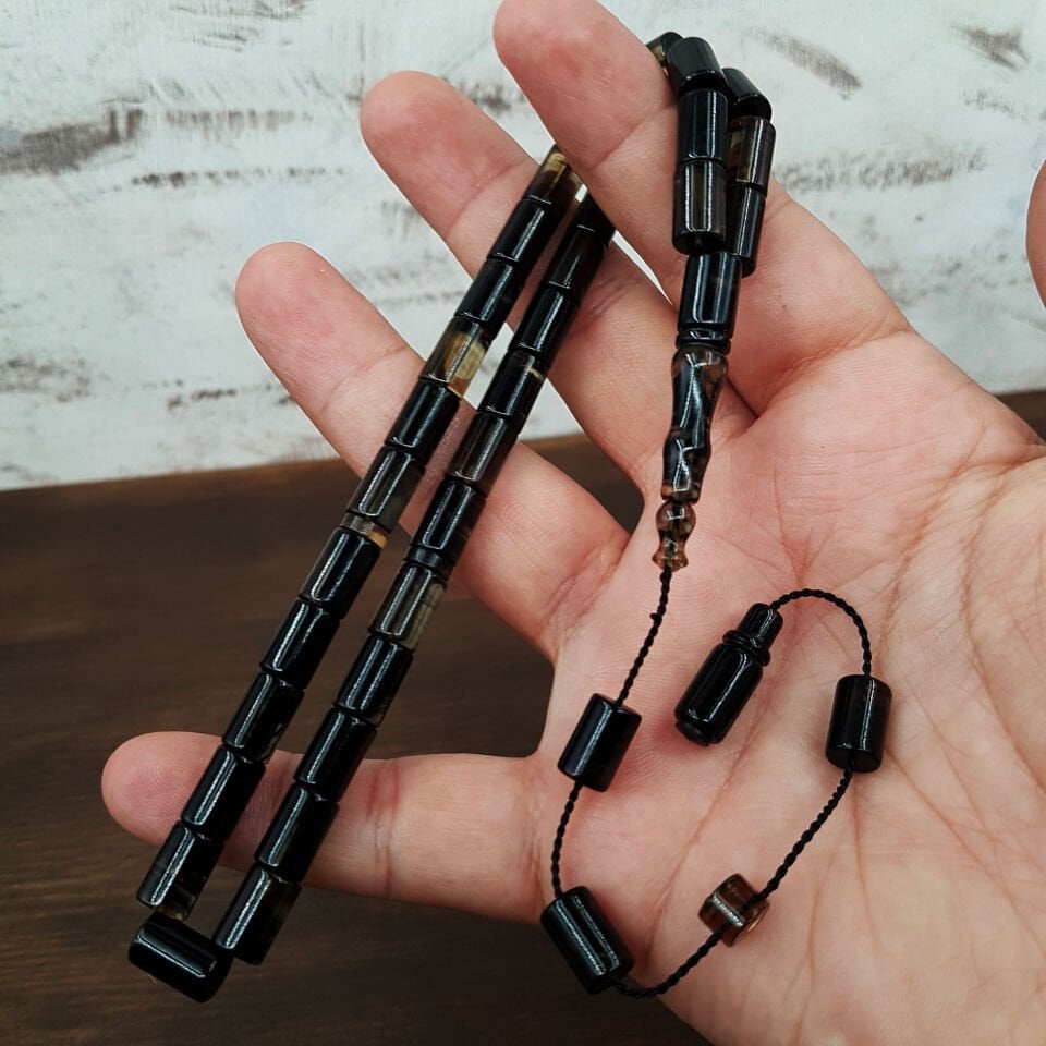 Siyah Hareli Kesme Ateş Kehribar Tesbih