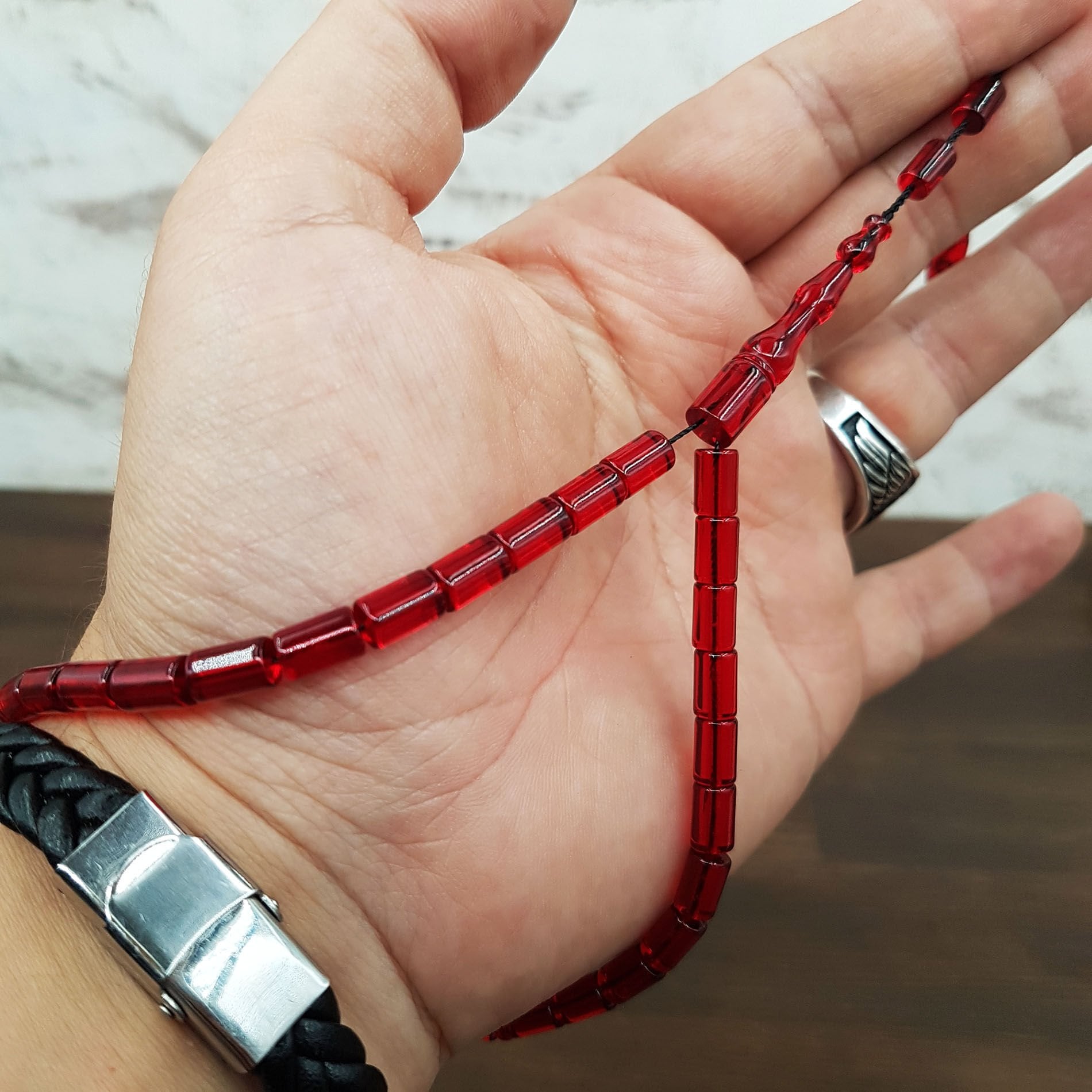 Bilek Boy Kırmızı Kesme Ateş Kehribar Tesbih