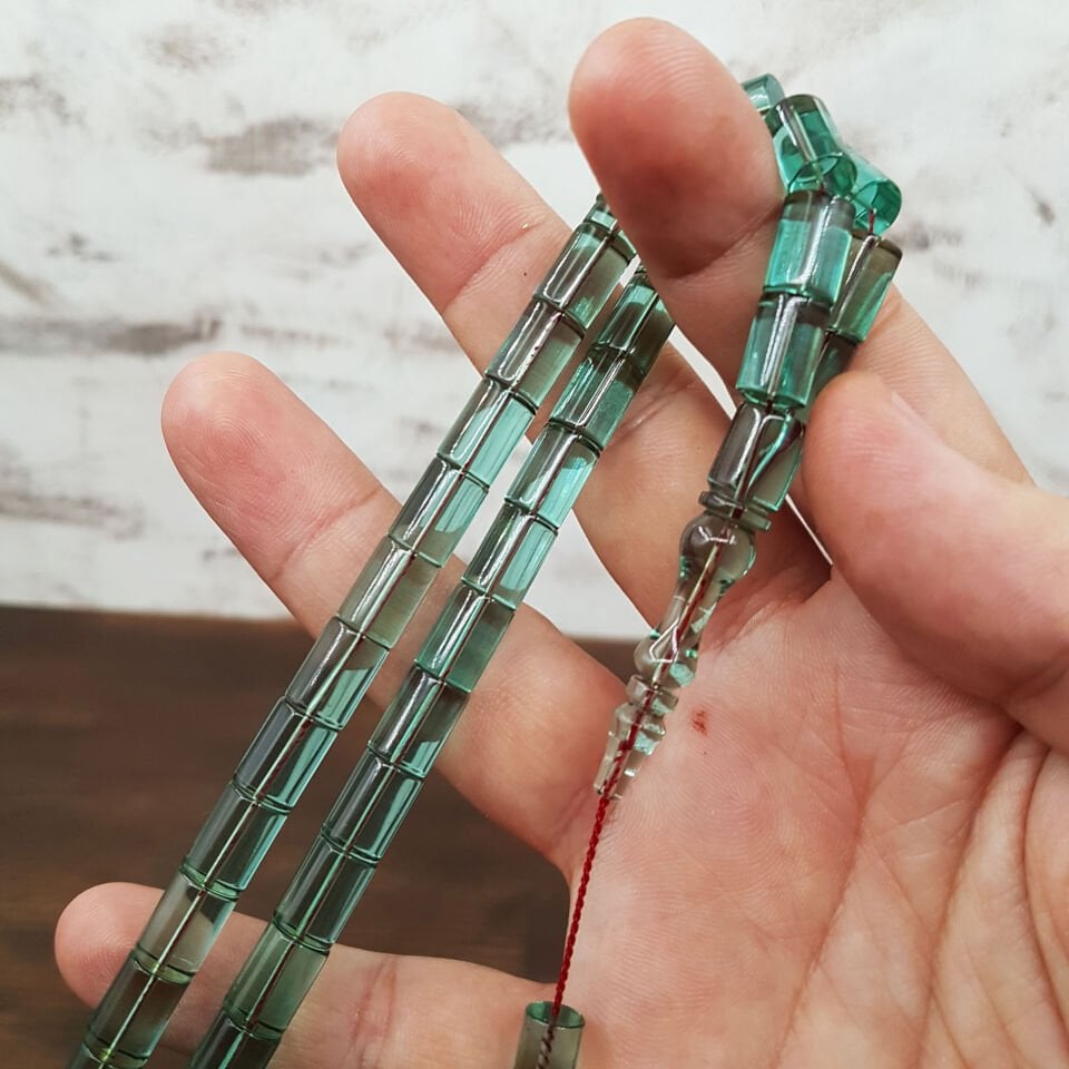 Usta İmzalı Su Yeşili Kesme Ateş Kehribar Tesbih