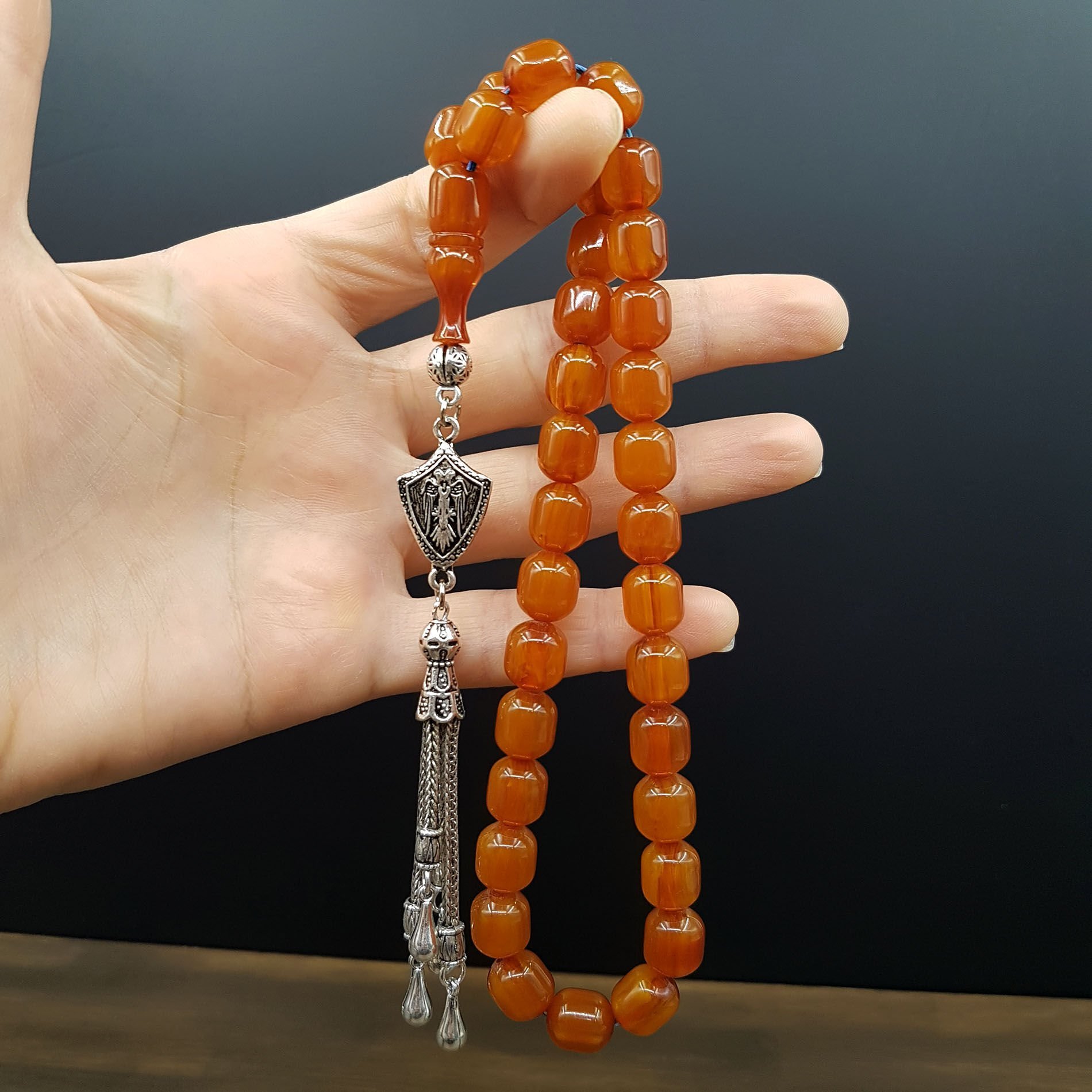 Selçuklu Kartalı Kayısı Çubuk Sıkma Kehribar Tesbih