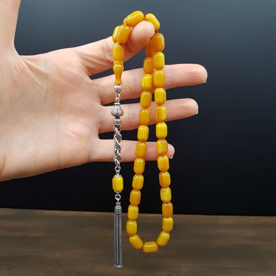 Gümüş Püskül Sarı Kapsül Sıkma Kehribar Tesbih