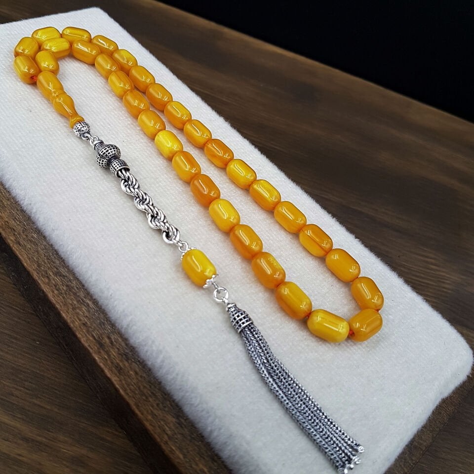 Gümüş Püskül Sarı Kapsül Sıkma Kehribar Tesbih