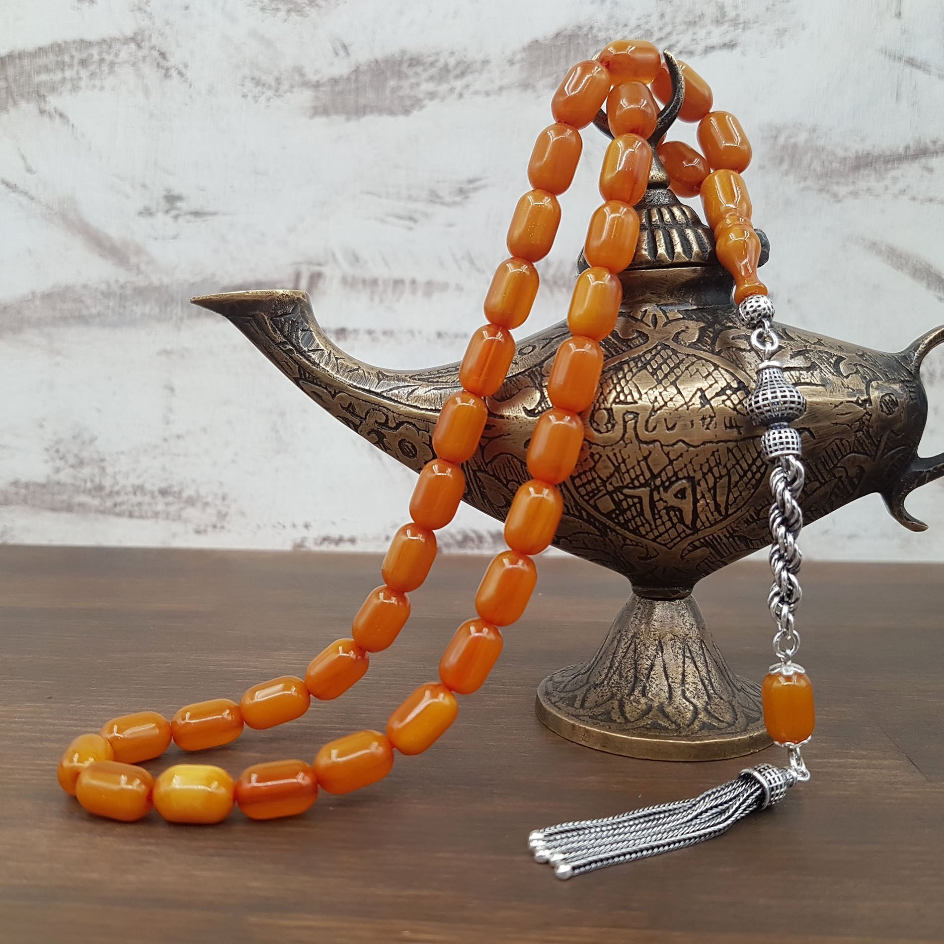 Gümüş Püskül Sarı Kapsül Sıkma Kehribar Tesbih