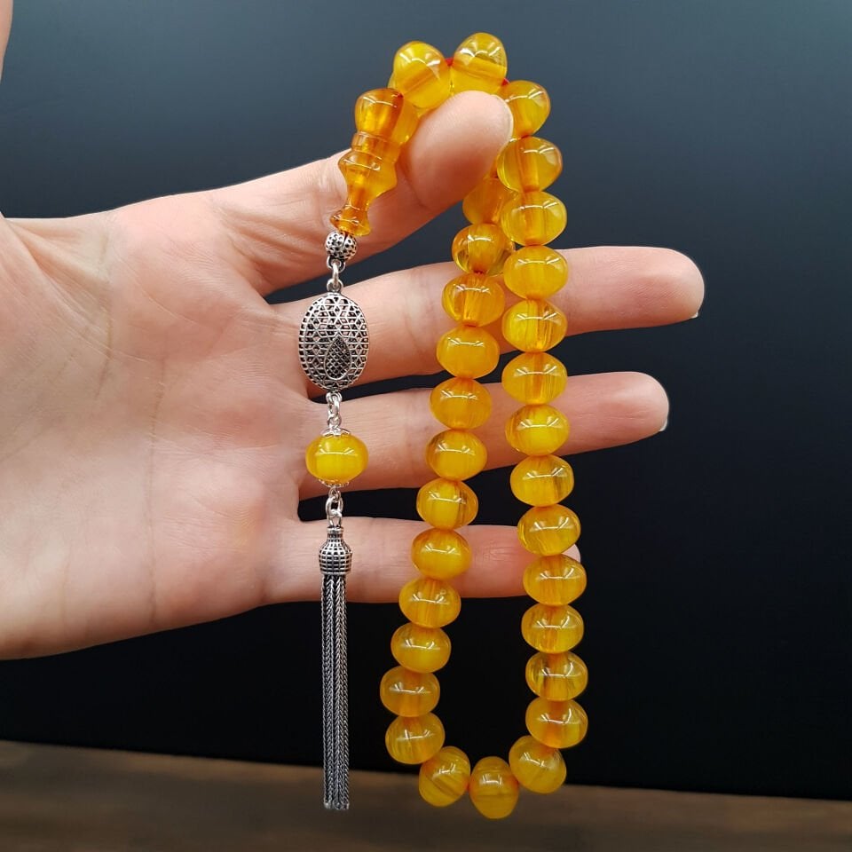 Gümüş Püskül Sarı Teker Sıkma Kehribar Tesbih