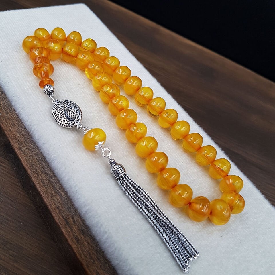 Gümüş Püskül Sarı Teker Sıkma Kehribar Tesbih