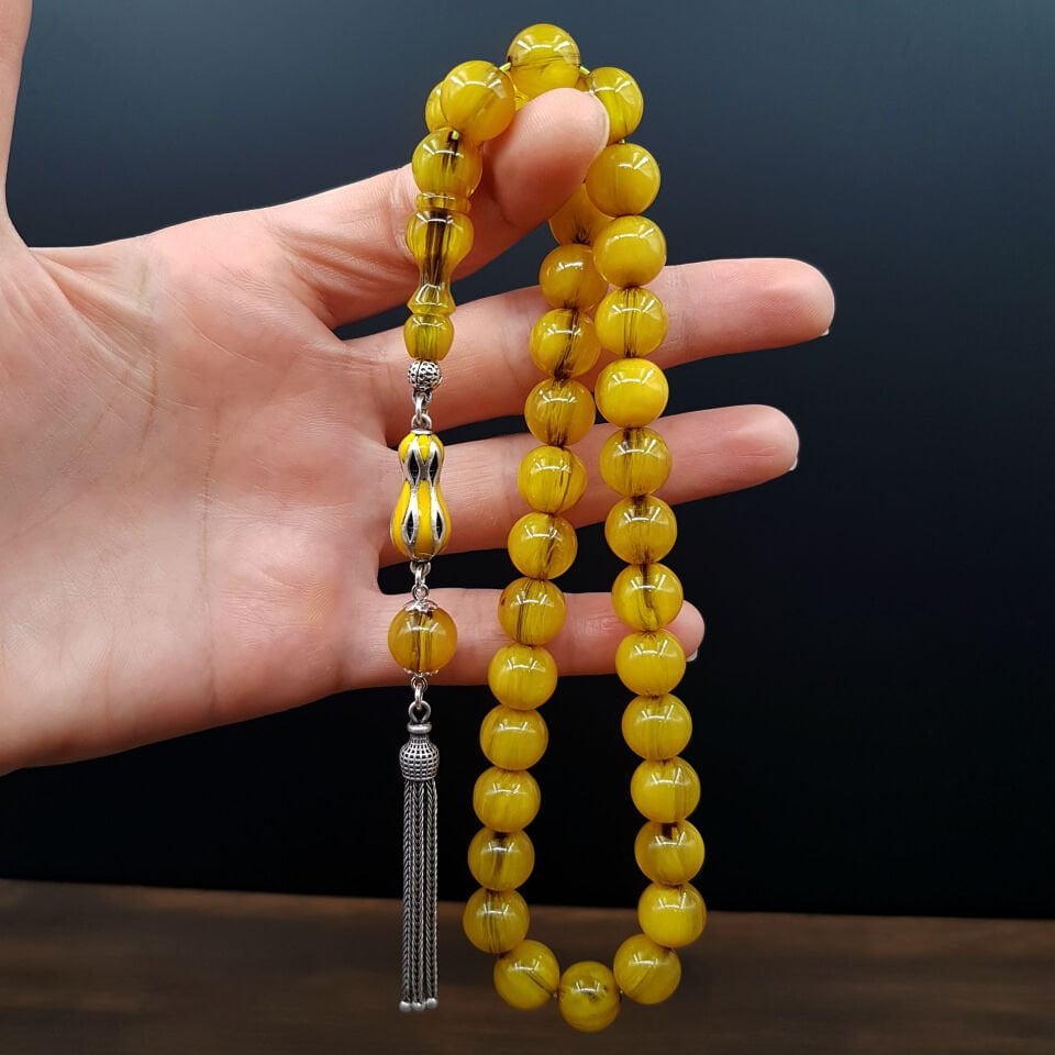 Gümüş Püskül Sarı Küre Sıkma Kehribar Tesbih