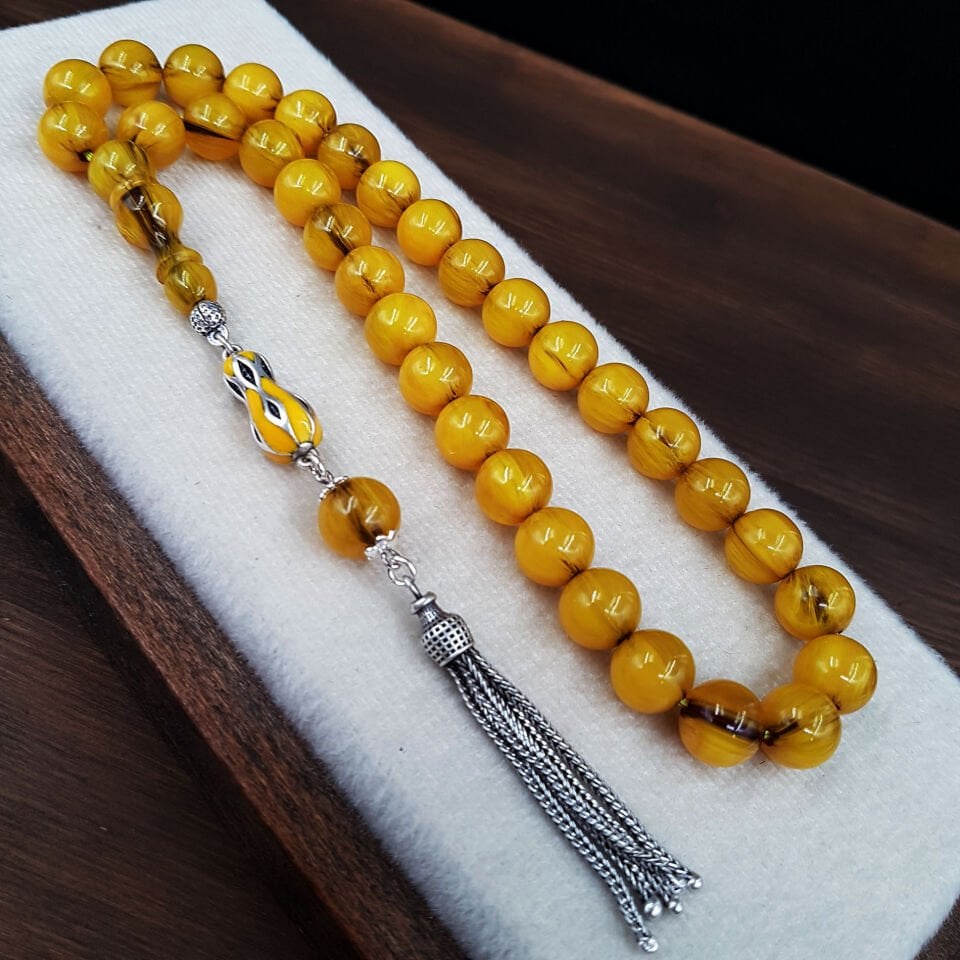 Gümüş Püskül Sarı Küre Sıkma Kehribar Tesbih