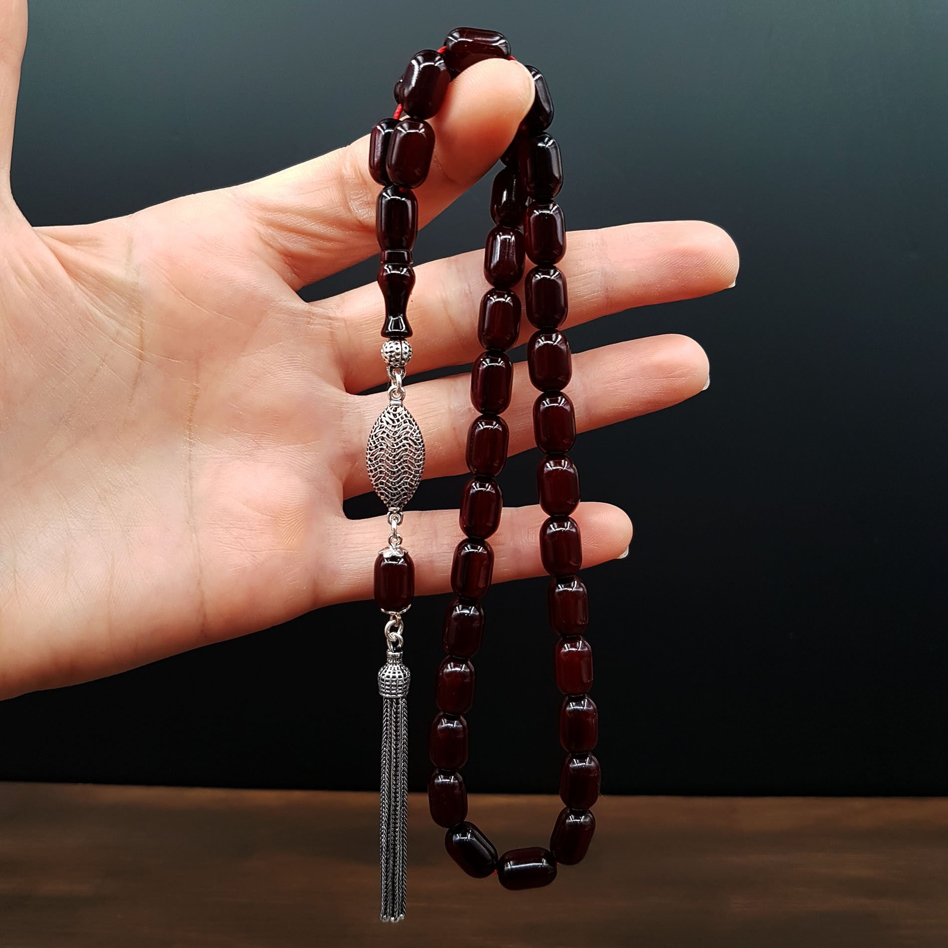 Gümüş Püskül Kahve Kapsül Sıkma Kehribar Tesbih