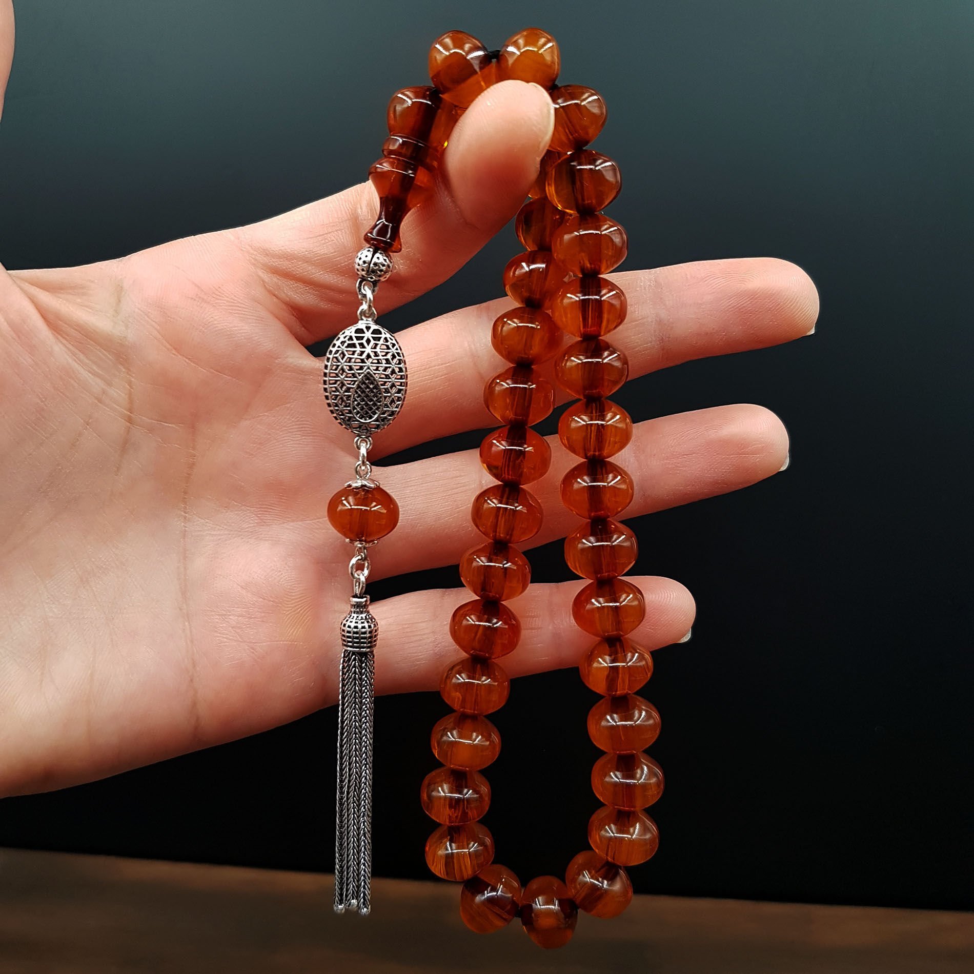 Gümüş Püskül Kahve Teker Sıkma Kehribar Tesbih