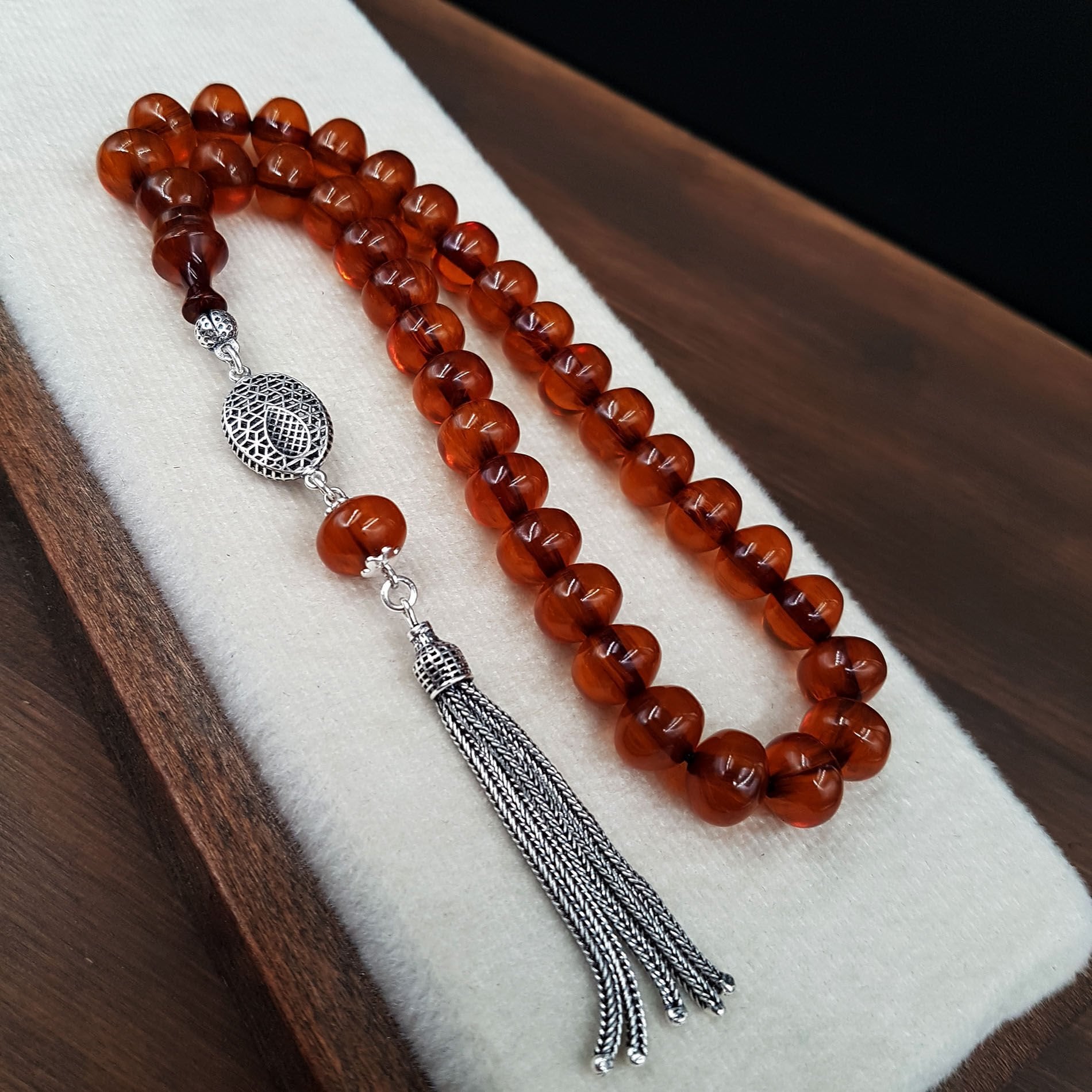 Gümüş Püskül Kahve Teker Sıkma Kehribar Tesbih