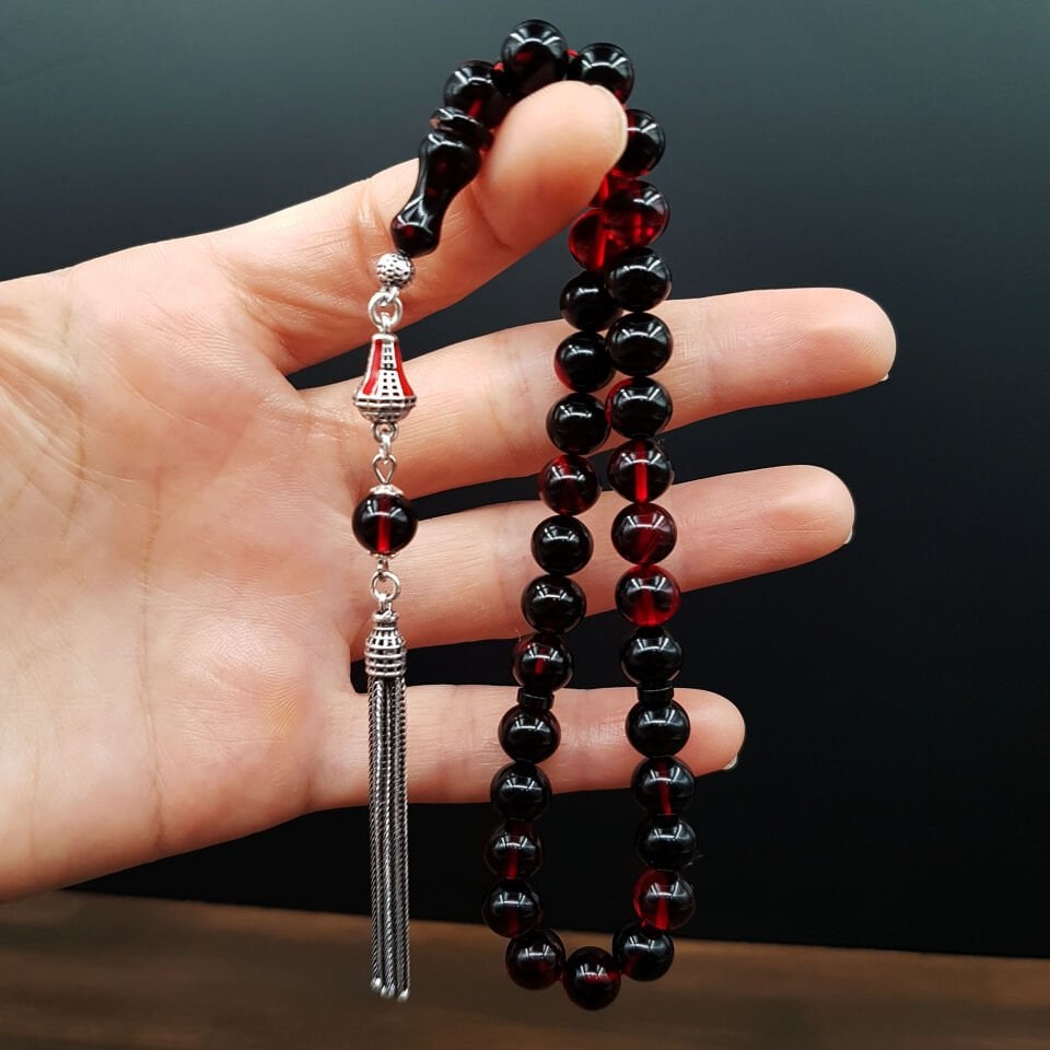 Bilek Boy Gümüş Püskül Kırmızı Siyah Ateş Kehribar Tesbih