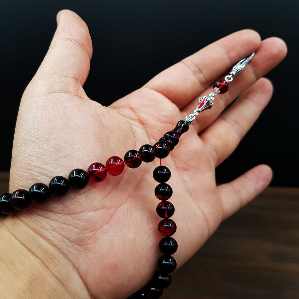 Bilek Boy Gümüş Püskül Kırmızı Siyah Ateş Kehribar Tesbih