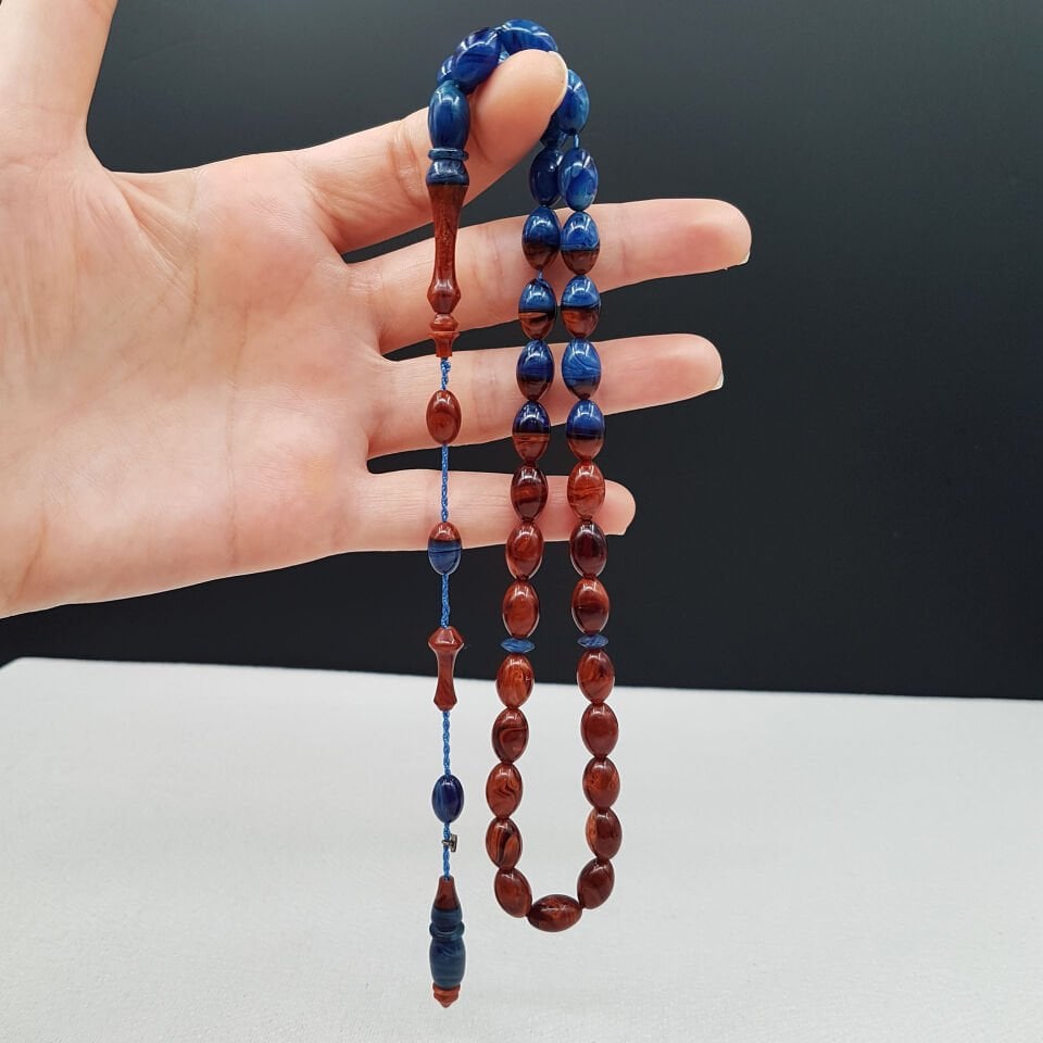 Mavi Kahverengi Tasarım Sıkma Kehribar Tesbih