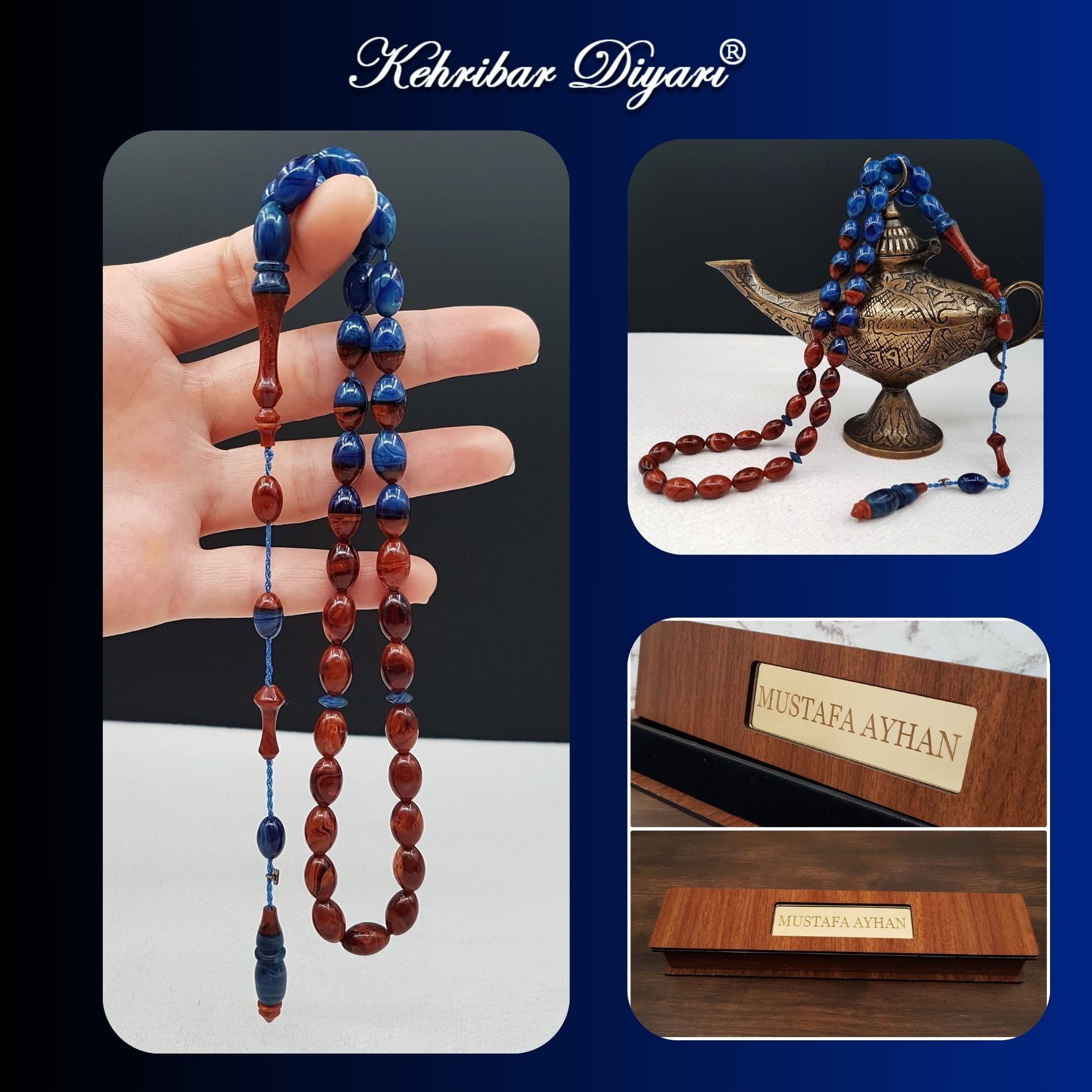 Mavi Kahverengi Tasarım Sıkma Kehribar Tesbih