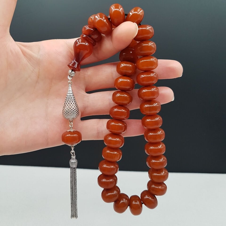 Büyük Boy Teker Kesim Sıkma Kehribar Tesbih